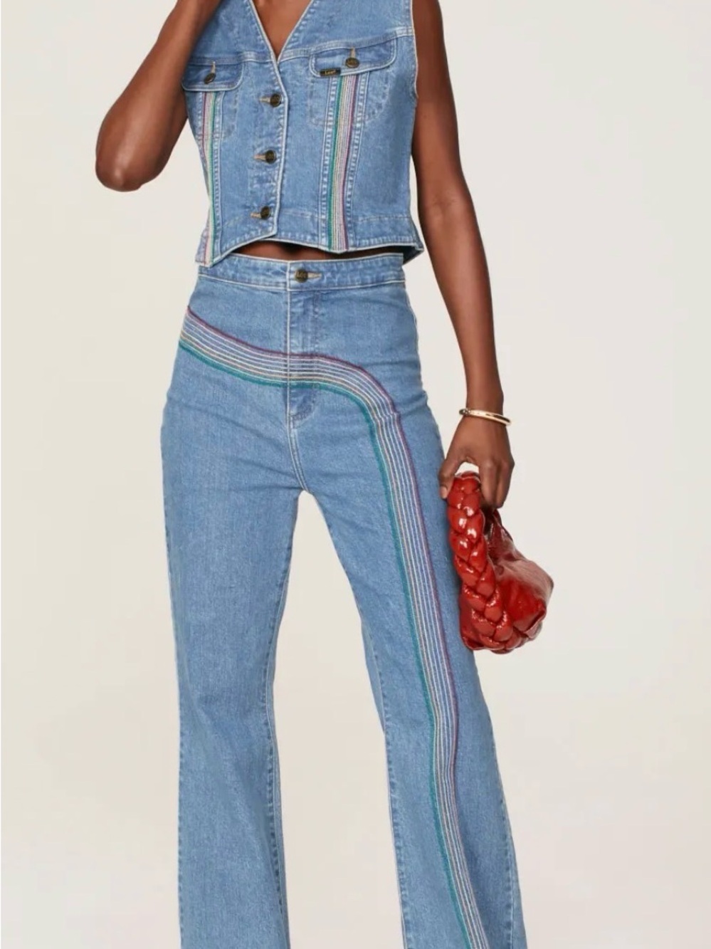 Lee high rise super flare stretch denim with rainbow embroidered pattern